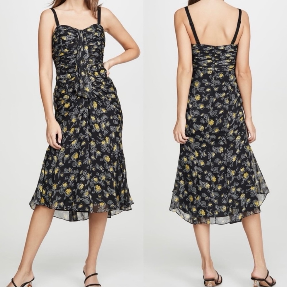 Cinq A Sept: Floral Black and Yellow Midi Dress Size 14